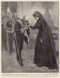 Kungens anslutning, drottning Margherita tar emot Lord Mount-Edgcumbe, det särskilda sändebudet till det italienska hovet av William Hatherell