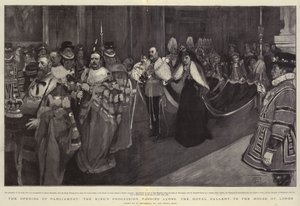 Öppnandet av parlamentet, kungens procession som passerar längs Royal Gallery till House of Lords