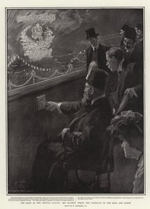 Shahen vid Crystal Palace, Hans Majestät avfyrar porträtten av kungen och drottningen av William Hatherell