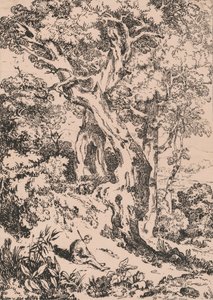 Studie av träd och buskar med sittande mansfigur av William Havell