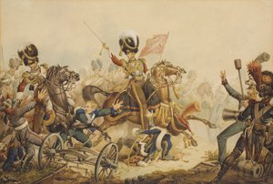 Första livgardet laddar franskt artilleri vid slaget vid Waterloo 1815, 1820 av William Heath