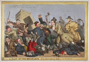 "A slap at the Charleys or a Tom und Jerry lark, vide New Poliece Bill", 1829 (handkolorerad etsning) av William Heath