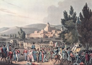 Slaget vid Vittoria, 1813, Bringing in the Prisoners, etsat av I. Clarke, aquatinted av M. DuBourg (akvatint) av William Heath