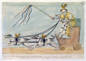 Grimaldis Tandem i den komiska pantomimen av den gyllene fisken, pub. 1812 av William Heath