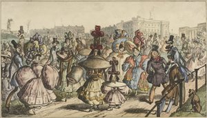 Män och kvinnor i slående kläder går i en park i en stad The Park - 1830 (titel på objekt) av William Heath