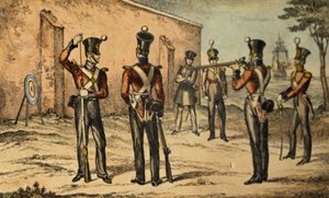 Nuvarande dräkt för marinsoldaterna vid övningen runt mål, ca 1835 (handfärgad etsning) av William Heath