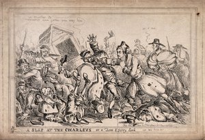 Robert Peel som boxare som attackerar nattvakter i syfte att ersätta dem med poliskåren. Etsning av Paul Pry (W. Heath).