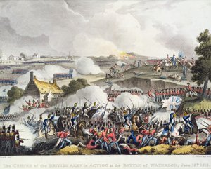Den brittiska arméns centrum i aktion i slaget vid Waterloo, 18 juni 1815, graverat av Sutherland