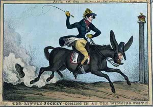 "The Little Jockey Coming in at the Winning Post!!!", c.1831 (färgad etsning) av William Heath