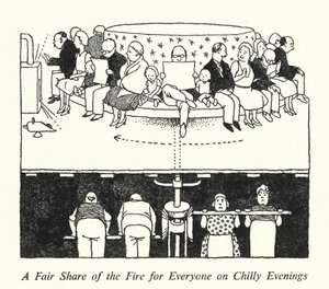 En rättvis del av elden för alla på kyliga kvällar (litho) av William Heath Robinson