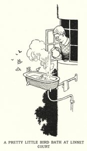 Ett vackert litet fågelbad vid Linnet Court (litho) av William Heath Robinson