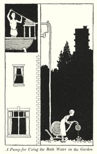 En pump för att använda badvattnet i trädgården (litho) av William Heath Robinson