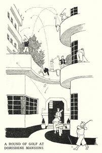 En golfrunda på Dorisdene Mansions (litho) av William Heath Robinson