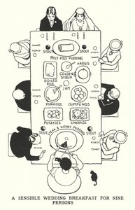 En vettig bröllopsfrukost för nio personer (litho) av William Heath Robinson