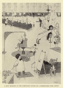 En hektisk morgon i en fashionabel hårkonstnärs överdådiga studio av William Heath Robinson