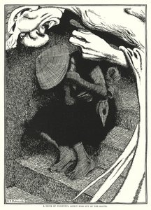 En ande med skrämmande aspekt steg upp ur jorden (gravyr) av William Heath Robinson