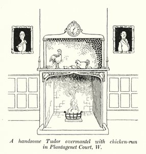En stilig tudormantel med kycklinggård i Plantagenet Court, W (litho) av William Heath Robinson