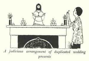 Ett klokt arrangemang av dubblerade bröllopspresenter (litho) av William Heath Robinson
