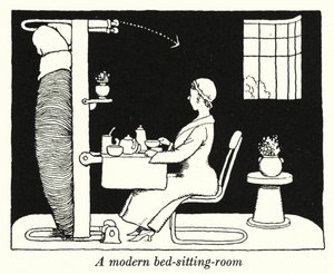 Ett modernt säng-vardagsrum (litho) av William Heath Robinson