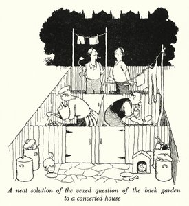 En snygg lösning på den irriterande frågan om trädgården till ett ombyggt hus (litho) av William Heath Robinson