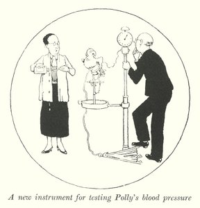 Ett nytt instrument för att testa Pollys blodtryck (litho) av William Heath Robinson