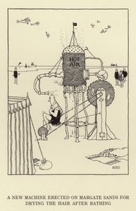 En ny maskin uppförd på Margate Sands för att torka håret efter badet. av William Heath Robinson