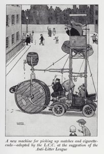 En ny maskin för att plocka upp tändstickor och cigarettändar antagen av LCC på förslag av Anti-Litter League (litho) av William Heath Robinson