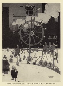 En ny snöplog för att röja en gångstig efter ett kraftigt fall av William Heath Robinson