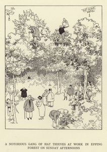 Ett ökänt gäng hatttjuvar på jobbet i Epping Forest på söndagseftermiddagar av William Heath Robinson