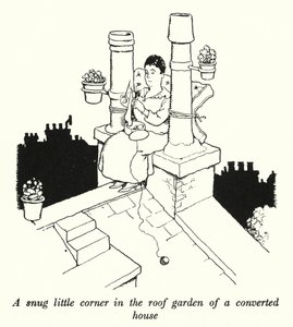 Ett mysigt litet hörn i takträdgården i ett ombyggt hus (litho) av William Heath Robinson
