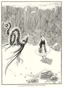 En mycket stor bevingad orm kommer mot mig (gravyr) av William Heath Robinson