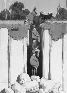 Act of Kindness, Thoughtfulness of Three Gentlemen in Assisting Lady over Chasm (penna och bläck, akvarell) av William Heath Robinson