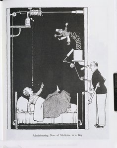 Administrera en dos av medicin till en pojke, illustration från "Inventions" av William Heath Robinson