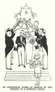 En lämplig hedersvakt vid ett inhemskt pars bröllop (litho) av William Heath Robinson
