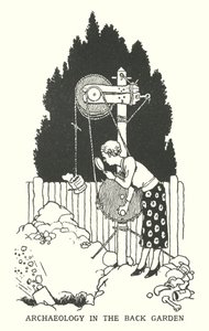Arkeologi i trädgården (litho) av William Heath Robinson