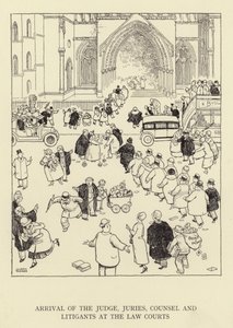 Domarens, juryernas, advokaternas och målsägandenas ankomst till domstolarna av William Heath Robinson