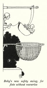Babys nya säkerhetsgunga, för lägenheter utan barnkammare (litho) av William Heath Robinson