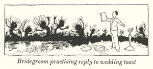 Brudgum tränar på att svara på bröllopstoast (litho) av William Heath Robinson
