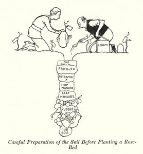 Noggrann förberedelse av jorden innan du planterar en rosenbädd (litho) av William Heath Robinson