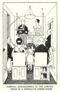 Kompakt arrangemang av det begränsade utrymmet i en bungalowmatsal (litho) av William Heath Robinson