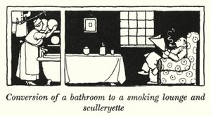 Omvandling av ett badrum till ett rökrum och ett pentry (litho) av William Heath Robinson