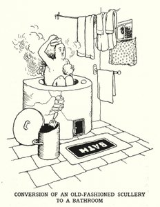 Konvertering av en gammaldags storkök till ett badrum (litho) av William Heath Robinson