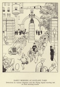 Tidig morgon på Scotland Yard, detektiver i olika förklädnader och Flying Squad som börjar på sina morgonronder av William Heath Robinson
