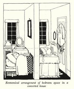 Ekonomiskt arrangemang av sovrumsutrymme i ett ombyggt hus (litho) av William Heath Robinson