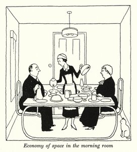 Rymdekonomi i morgonrummet (litho) av William Heath Robinson