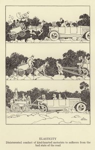 Elasticitet, ointresserade uppförande av godhjärtade bilister till personer som lider av det dåliga tillståndet på vägen av William Heath Robinson