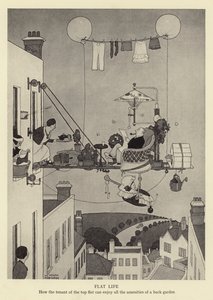Platt liv, hur hyresgästen i den översta lägenheten kan njuta av alla bekvämligheter i en trädgård av William Heath Robinson