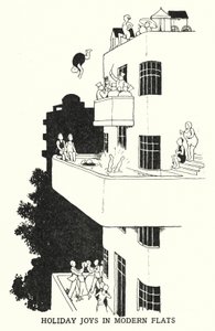 Semesterglädje i moderna lägenheter (litho) av William Heath Robinson