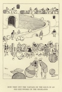 Hur de satte tartanerna på kiltarna i ett gammalt kiltverk i höglandet av William Heath Robinson