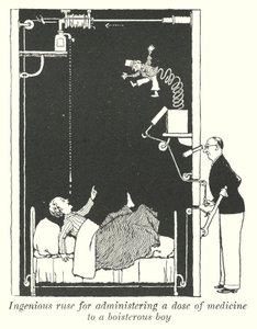 Genialisk list för att ge en dos medicin till en bullrig pojke (litho) av William Heath Robinson